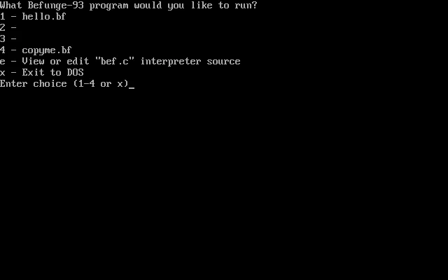 bef v2.11 (Befunge-93 interpreter) for DOS